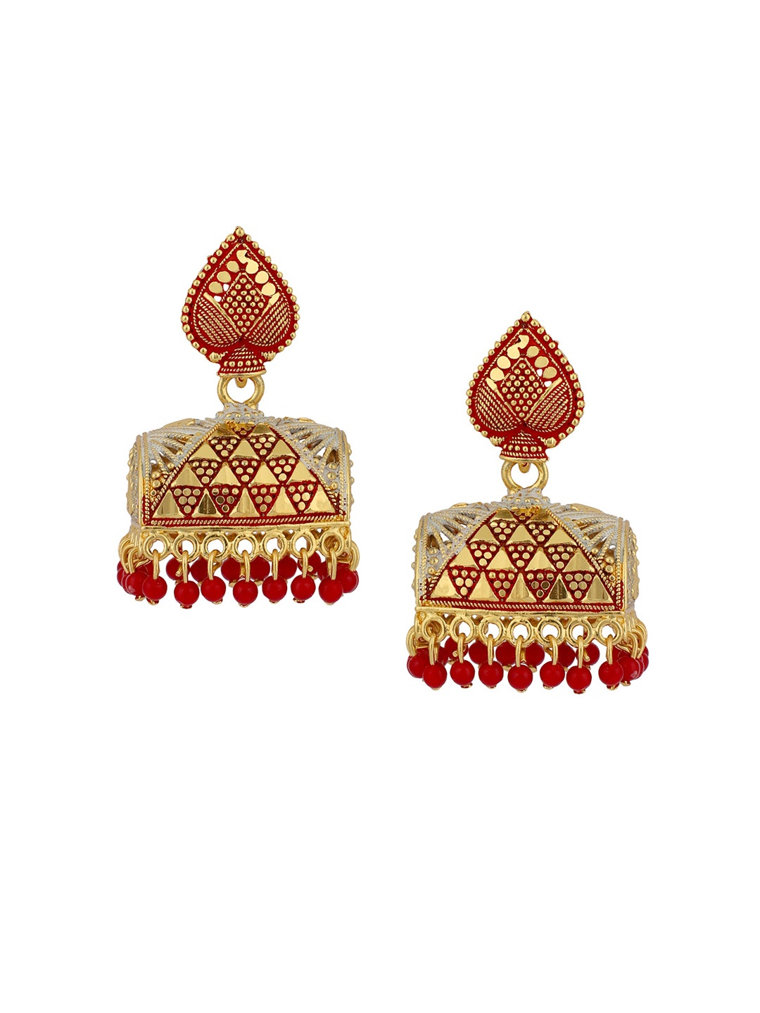 ANIKAS CREATION Red & Gold-Toned Contemporary Jhumkas