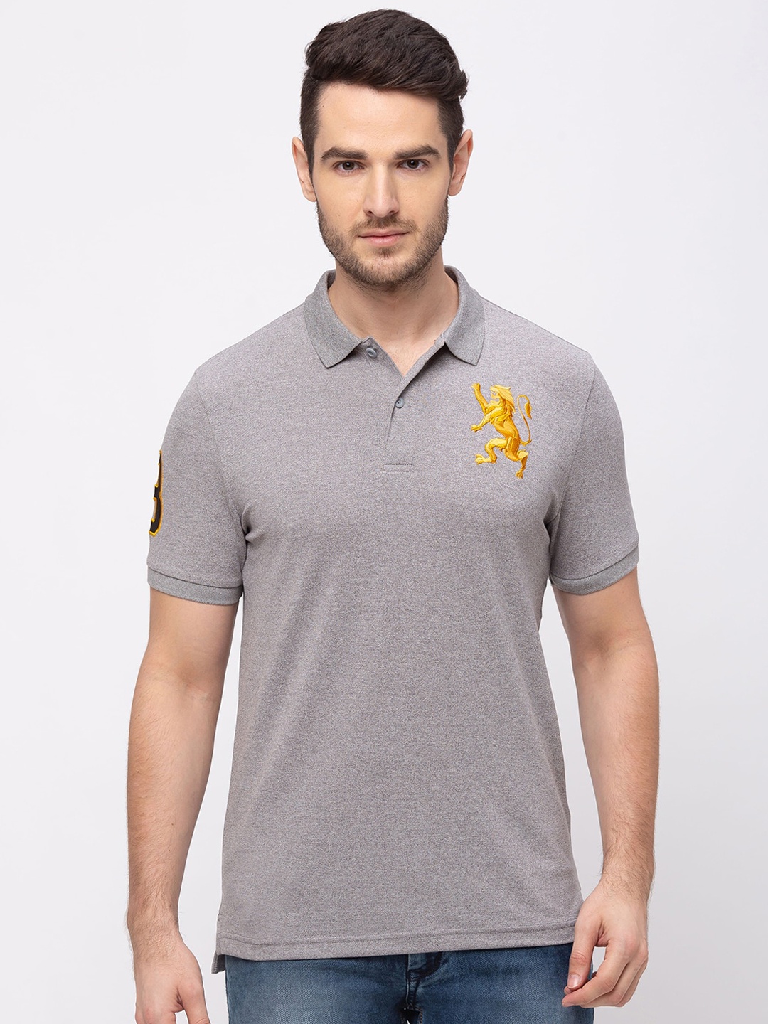 

GIORDANO Men Grey Melange Solid Polo Collar T-shirt