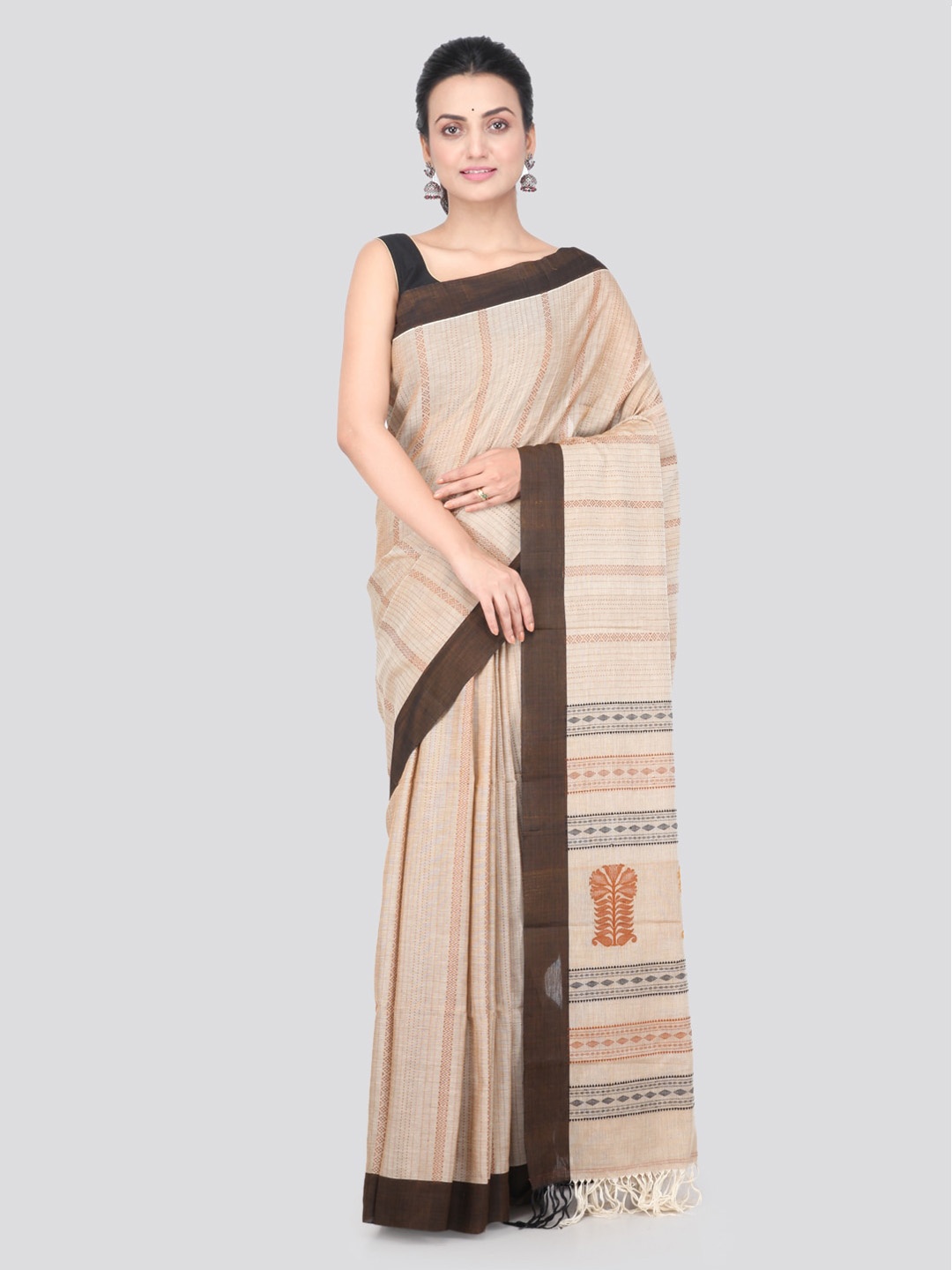 

PinkLoom Beige & Brown Pure Cotton Woven Design Handloom Sustainable Saree