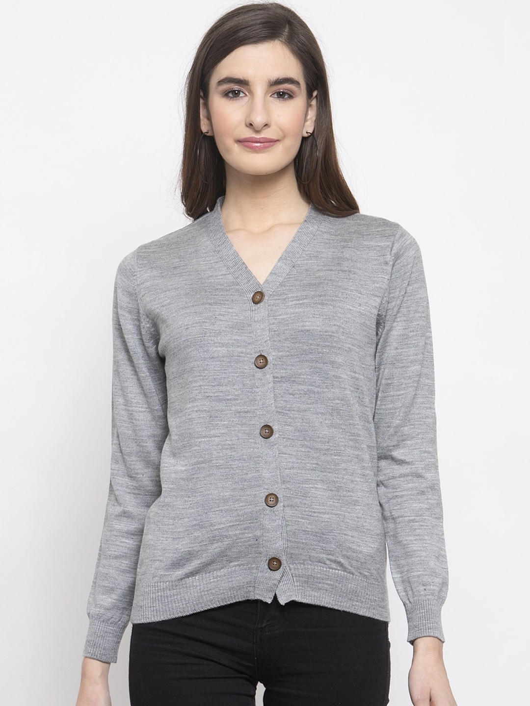 

Kalt Women Grey Melange Solid Cardigan Sweater