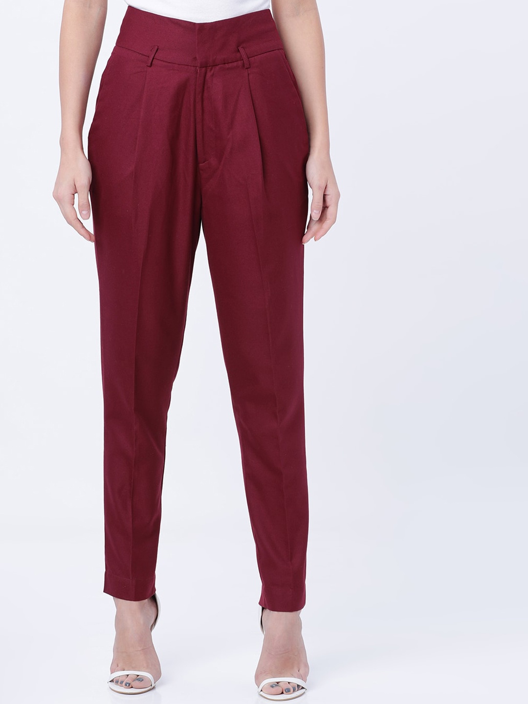 

Tokyo Talkies Women Burgundy Regular Fit Solid Peg Trousers