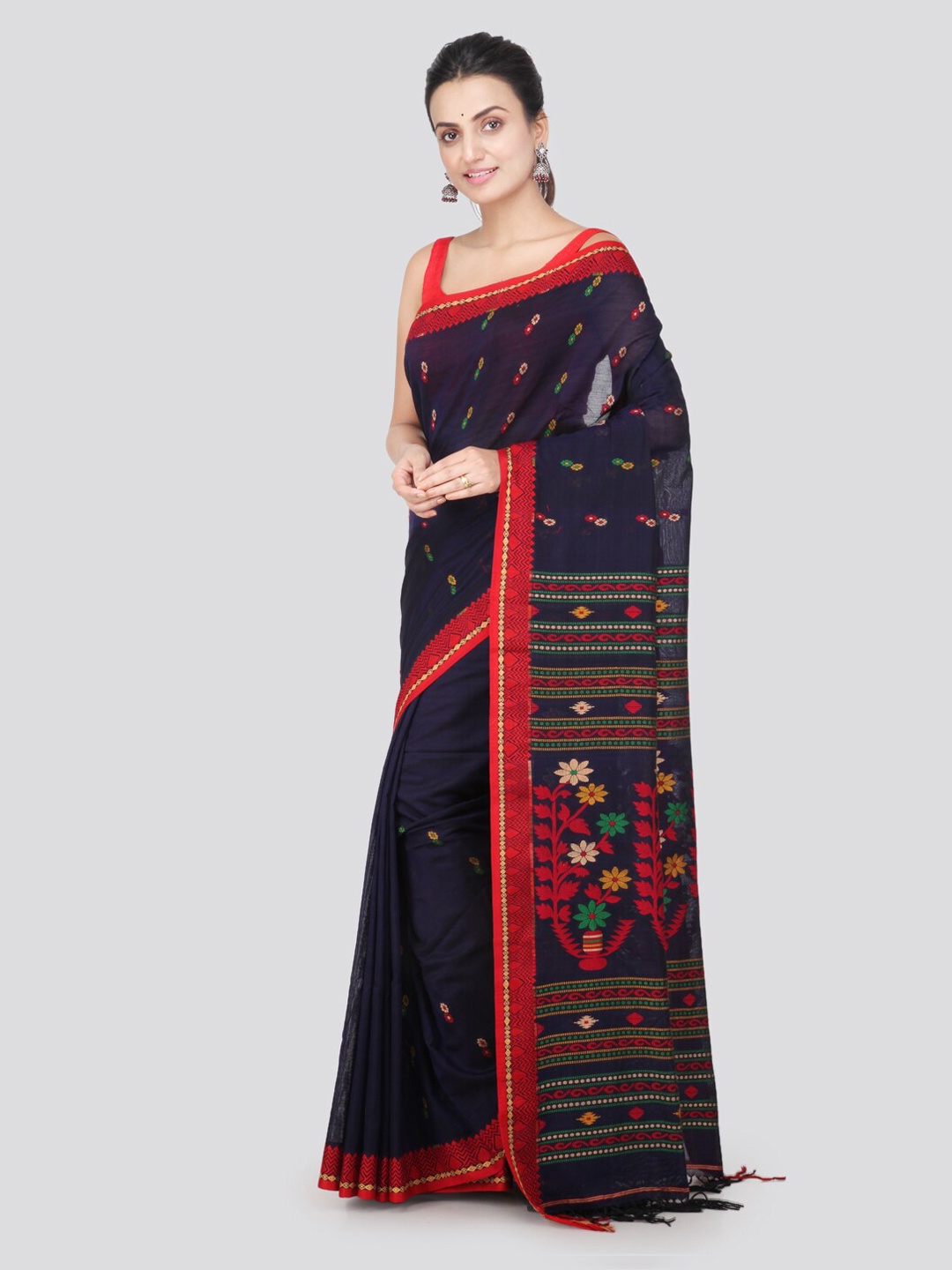 

PinkLoom Navy Blue Pure Cotton Woven Design Handloom Sustainable Saree