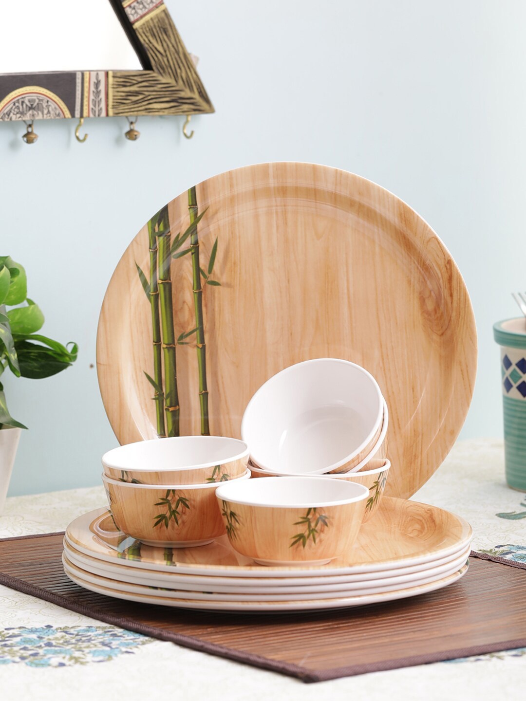 

Servewell Unisex Beige & Green 12 Pcs Printed Melamine Plate & Bowls Set