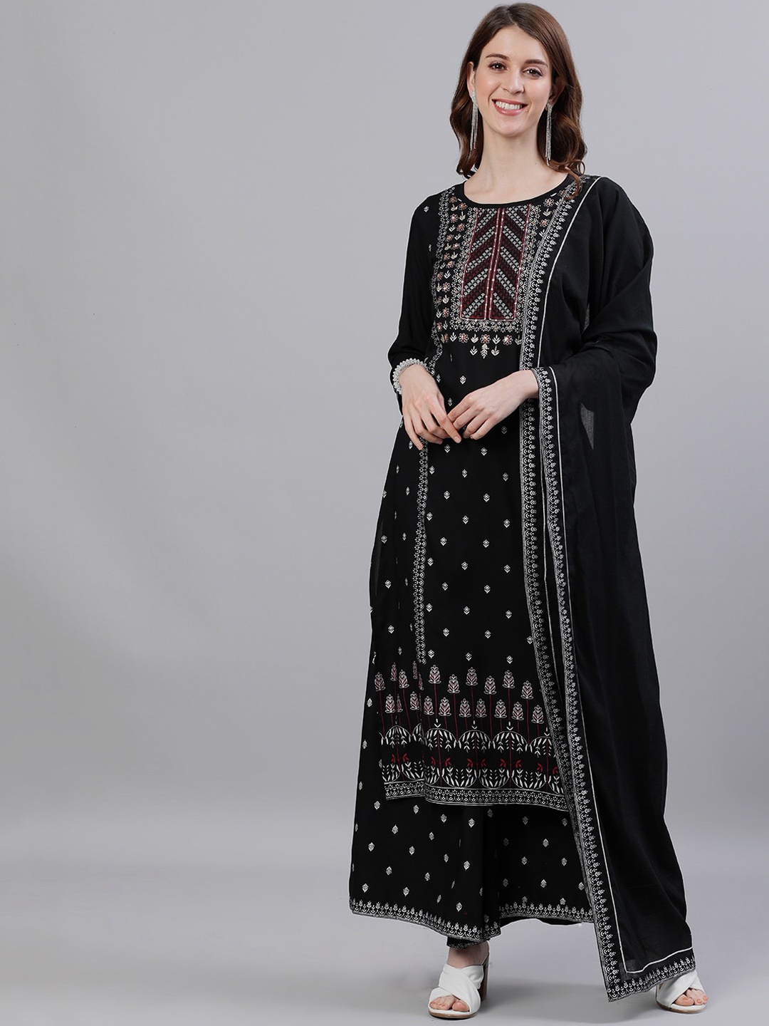 Ishin Women Black Embroidered Kurta with Palazzos & Dupatta