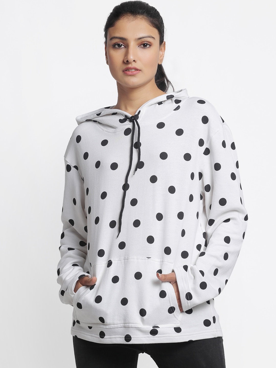 

DOOR74 Women White Polka Dot Printed Cotton Hooded Sweatshirt