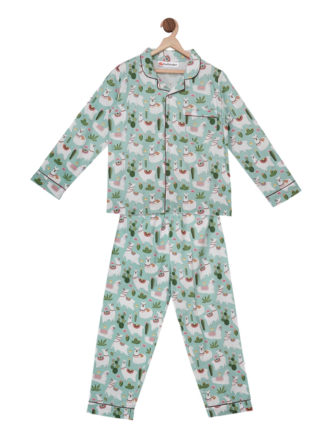 

Fluffalump Unisex Kids Green & White Printed Night Suit