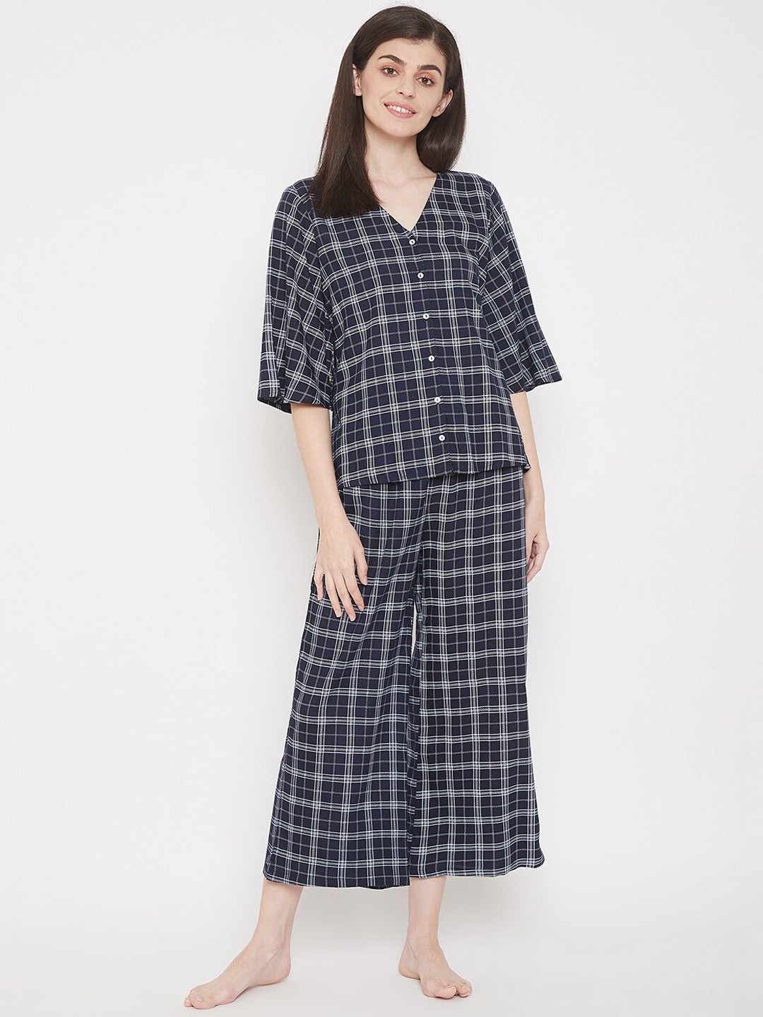 

Clovia Women Navy Blue & White Checked Night Suit