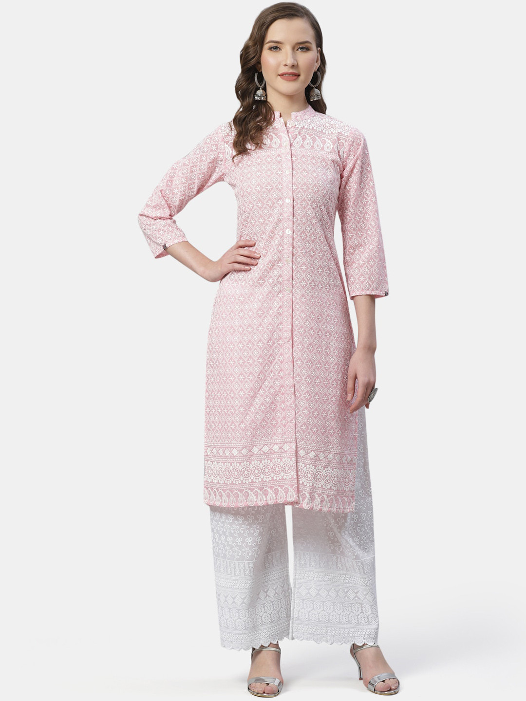 

Jompers Women Pink & White Checked A-Line Kurta
