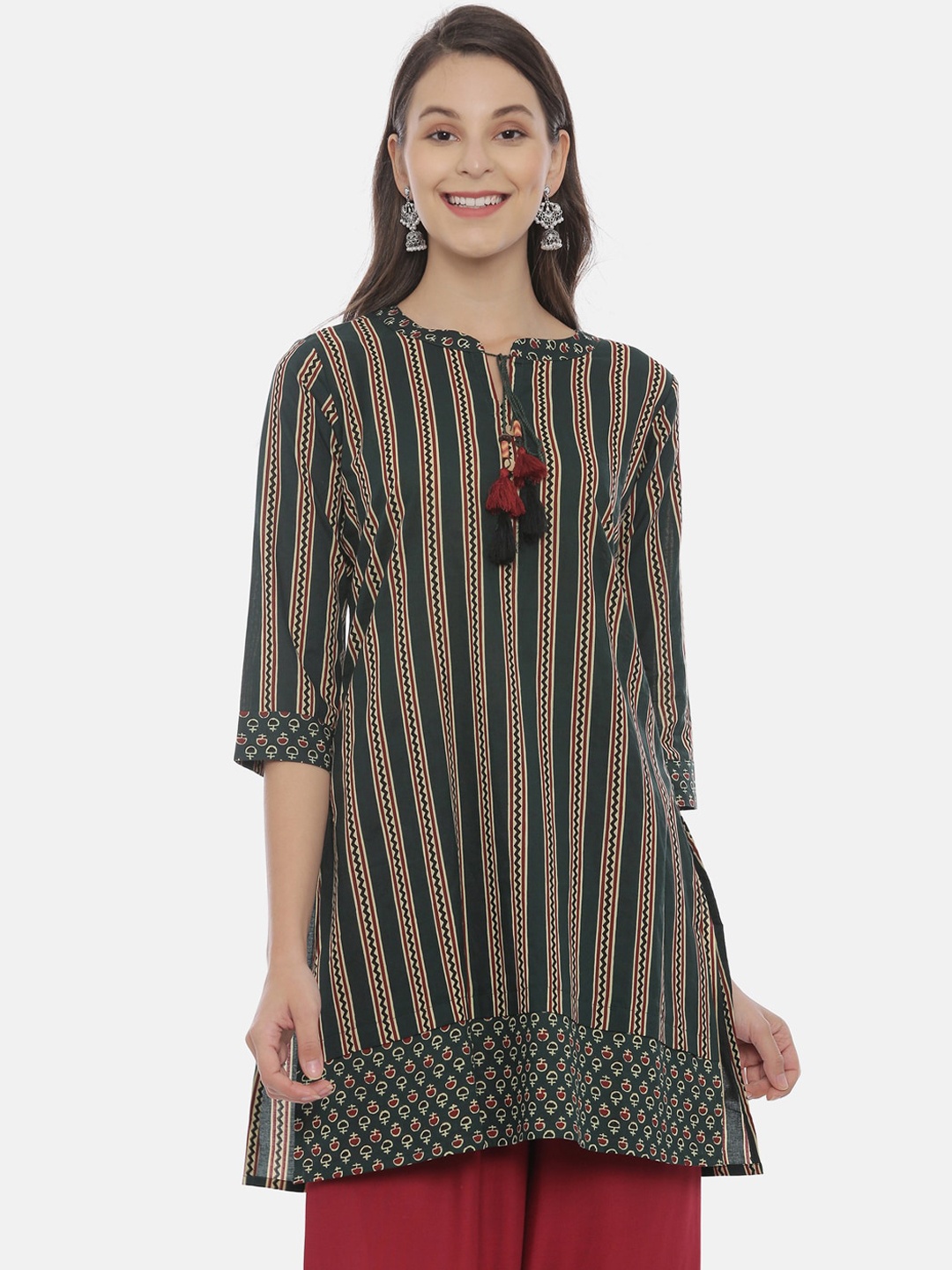 Neerus Women Green Striped Straight Kurta