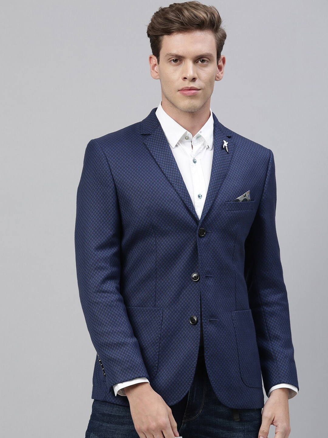 

RARE RABBIT Men Navy Blue Self-Design Slim Fit Single Breasted Blazer
