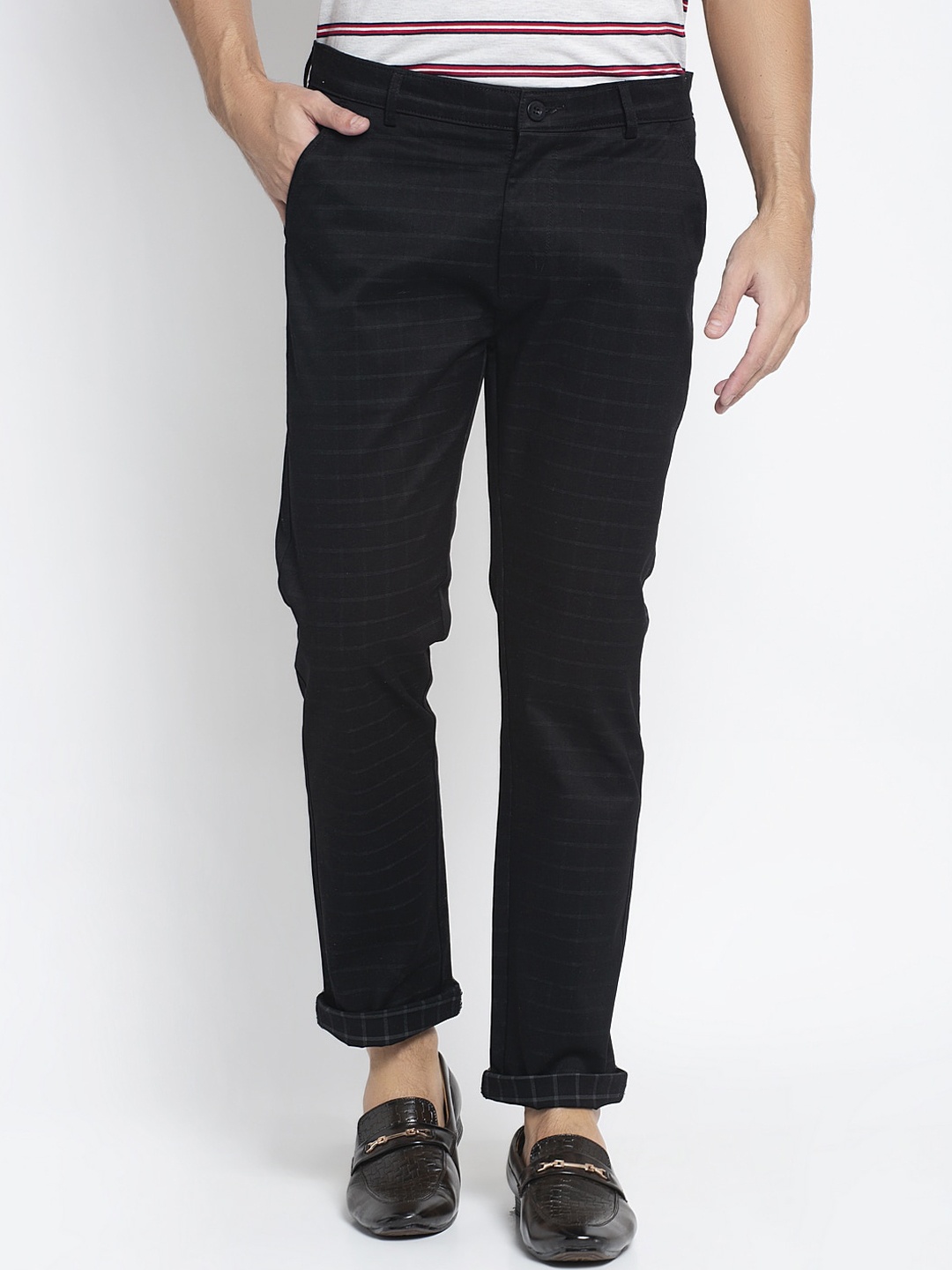 

Rodamo Men Black Slim Fit Checked Regular Trousers