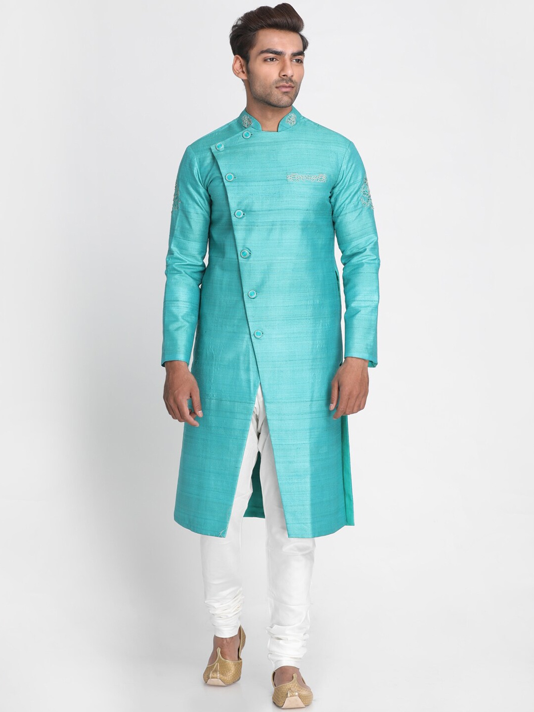 

Nakshi Men Turquoise Blue & White Tussar Silk Sherwani with Churidar