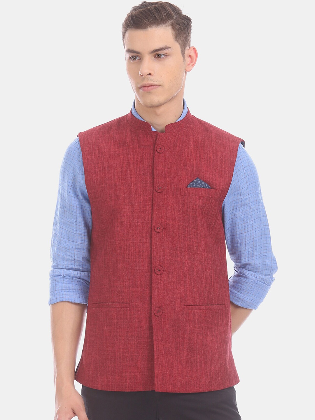 

True Blue Men Maroon Slim Fit Patterned Waistcoat