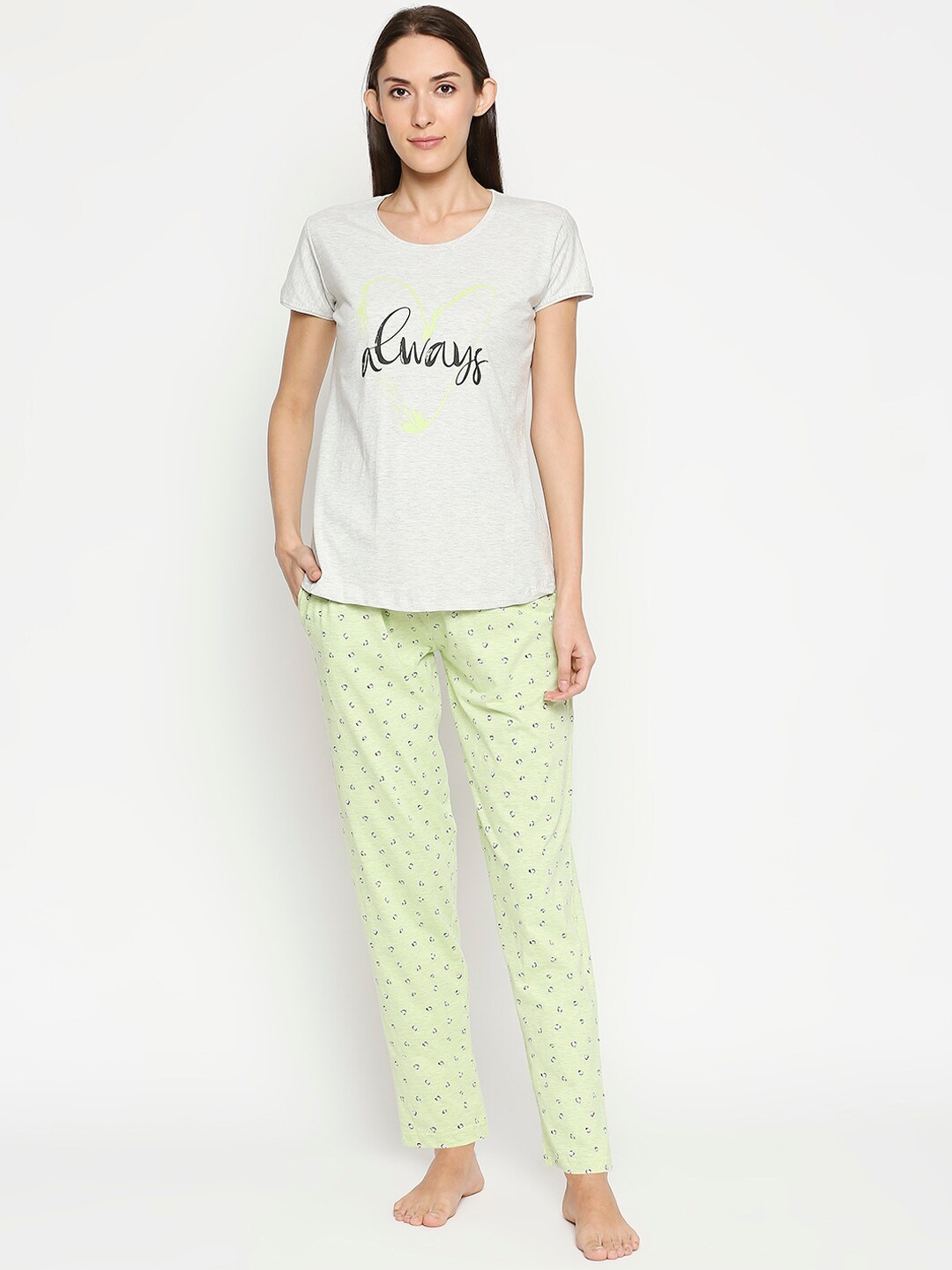 

AV2 Women Green & Grey Melange Printed Night Suit