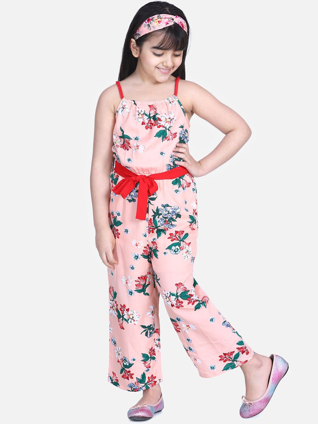 

StyleStone Girls Peach-Coloured Striped Basic Jumpsuit
