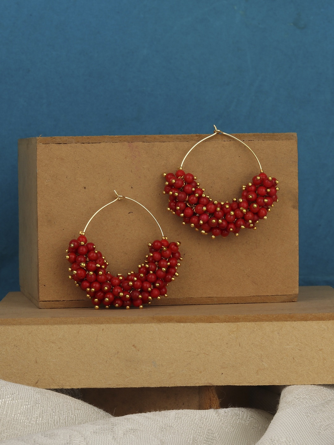 ANIKAS CREATION Red & Gold-Plated Circular Hoop Earrings