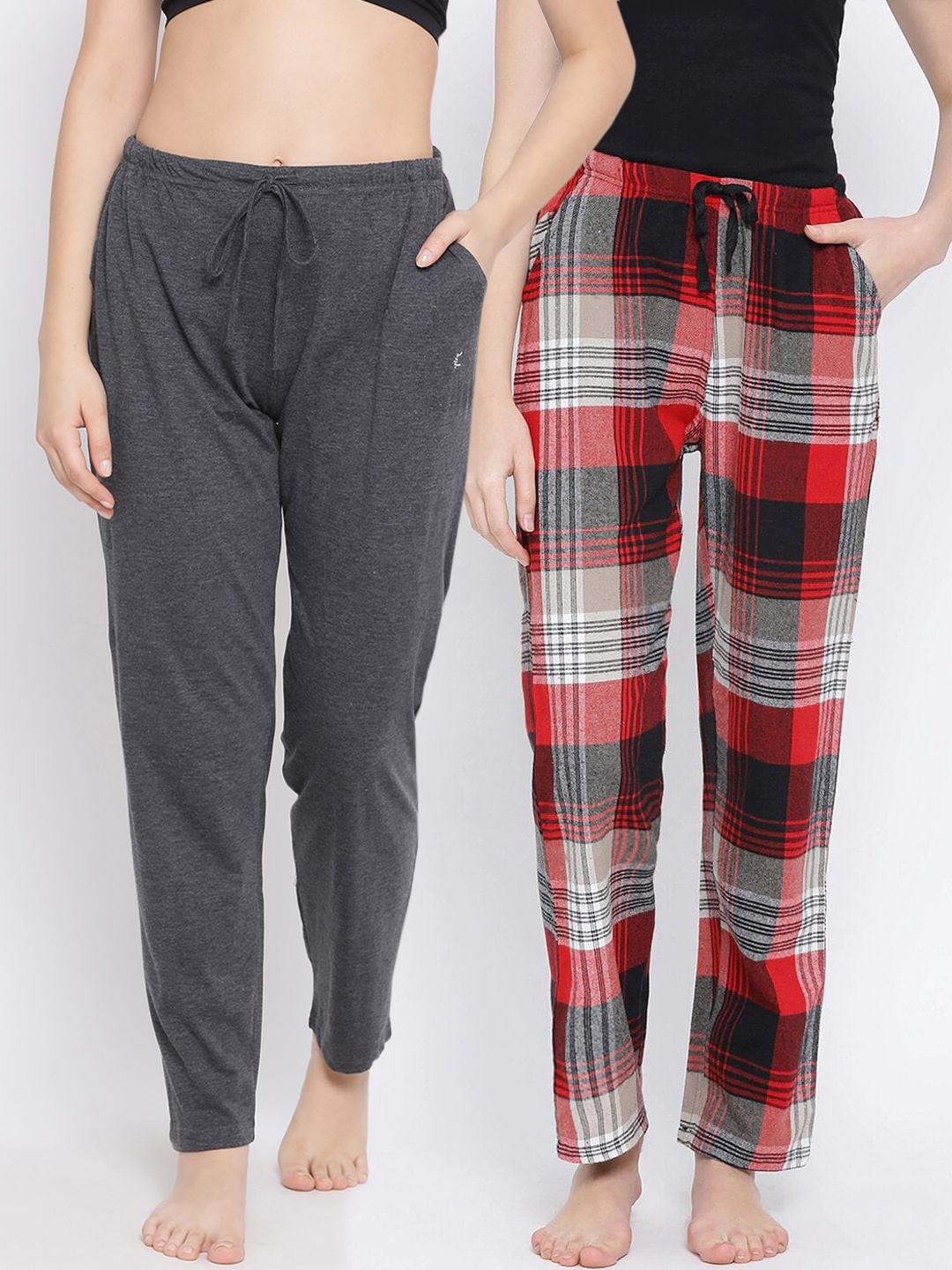 

Kanvin Women Pack of 2 Grey & Red Checked Lounge Pants, Charcoal