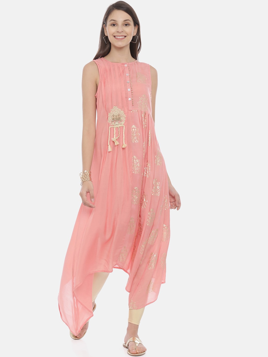 

Neerus Women Coral Embroidered A-Line Kurta