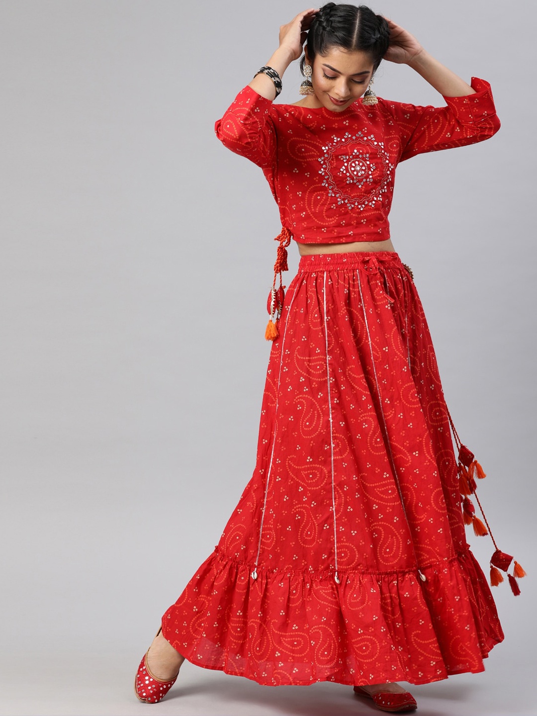 

Ishin Women Red Embroidered Kurta with Skirt
