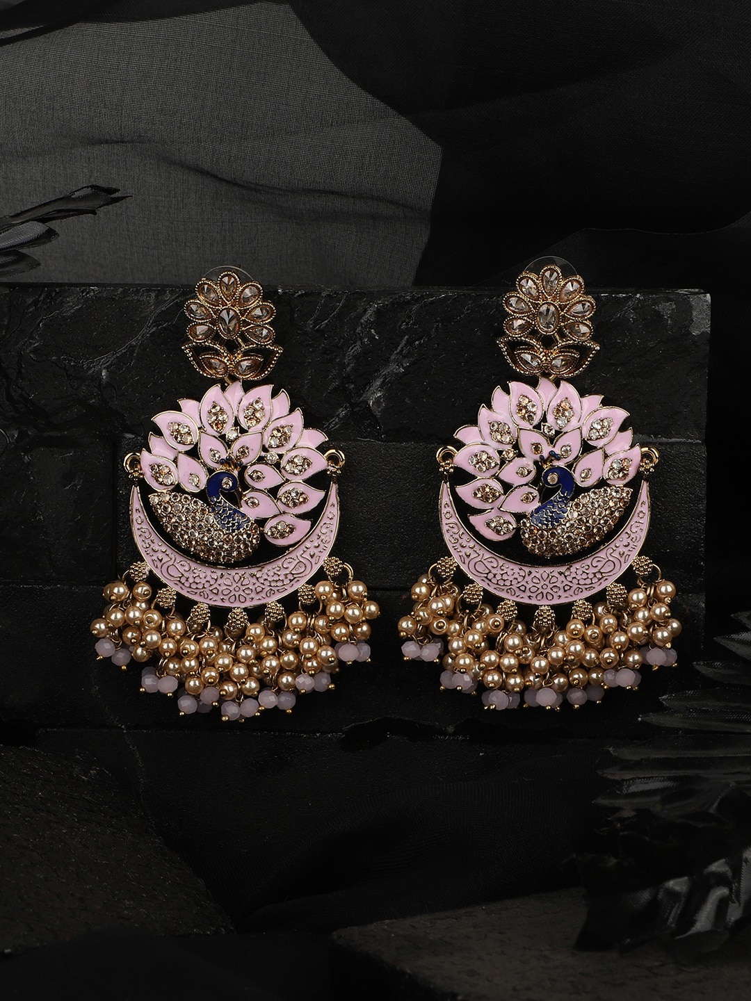 

ANIKAS CREATION Pink & Gold-Plated Peacock Shaped Drop Earrings