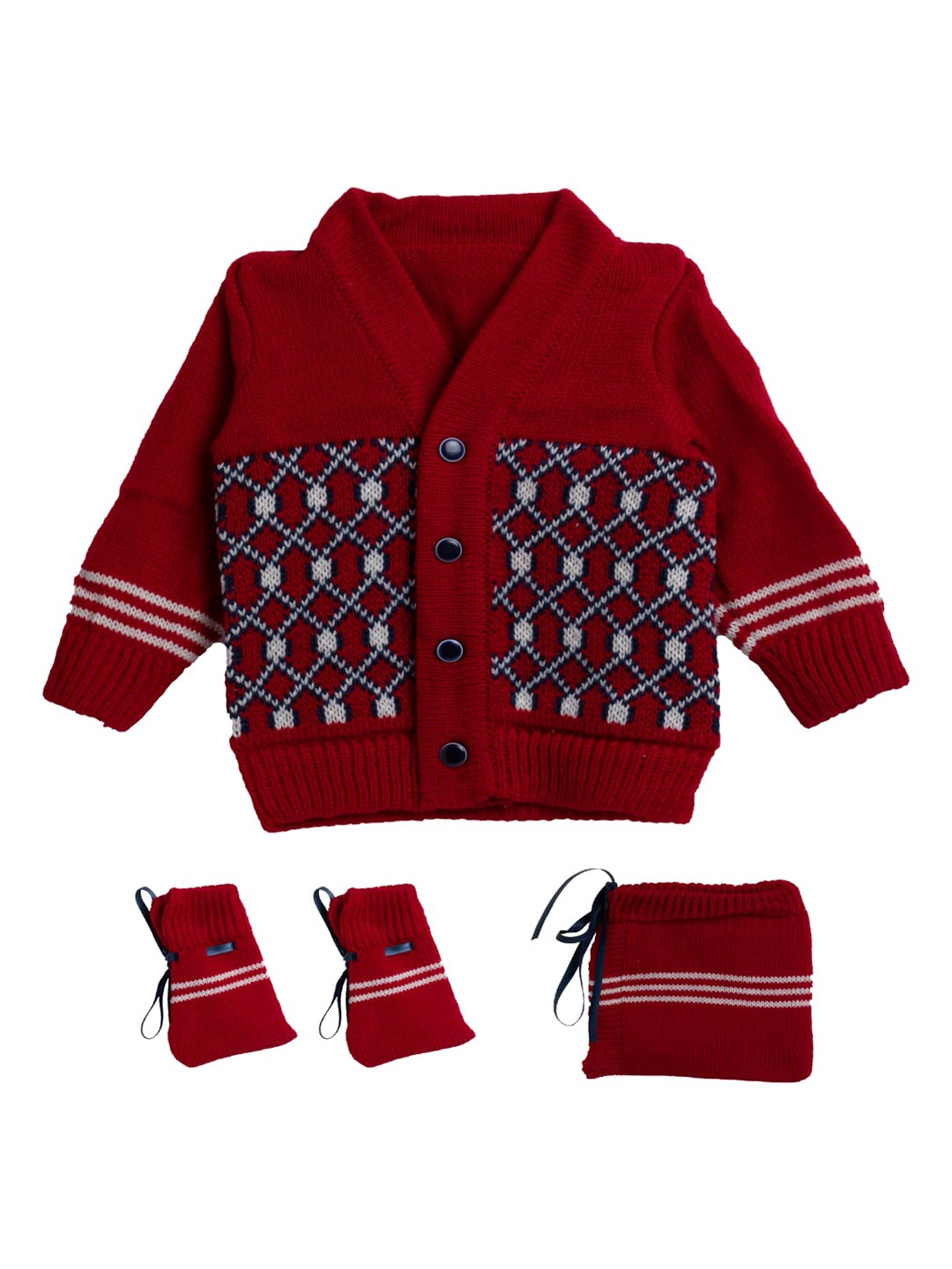 

Little Angels Unisex Kids Red Self Design Sweater With Socks