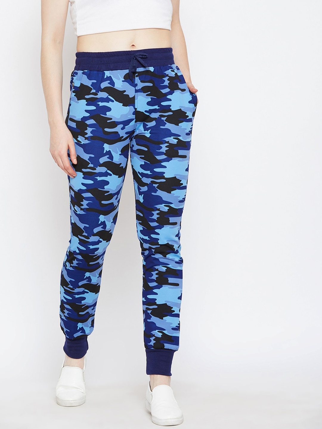 

Crease & Clips Women Blue & Black Camouflage-Printed Slim Fit Joggers