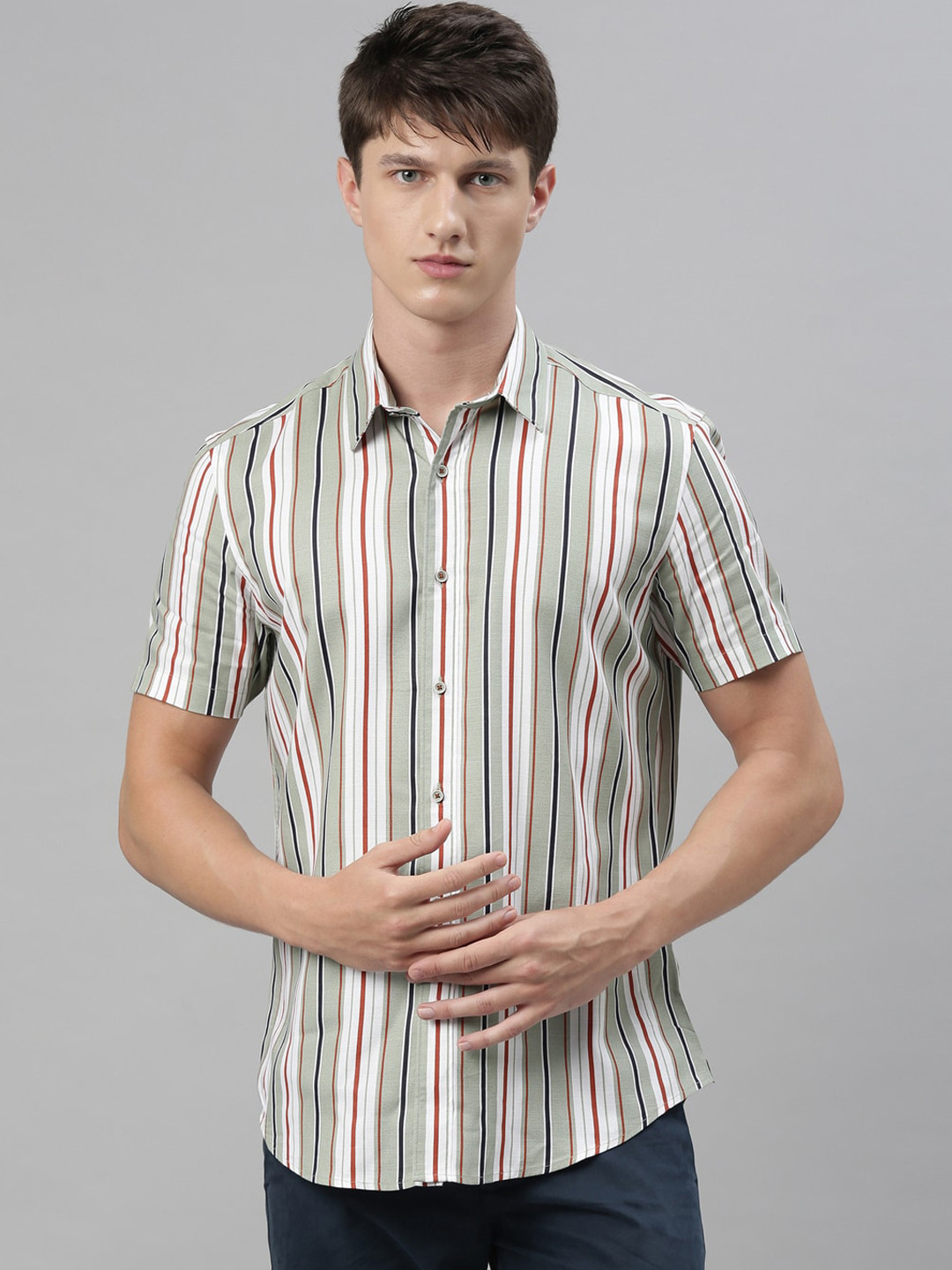 

RARE RABBIT Men Green Tailored Fit Striped Casual Shirt
