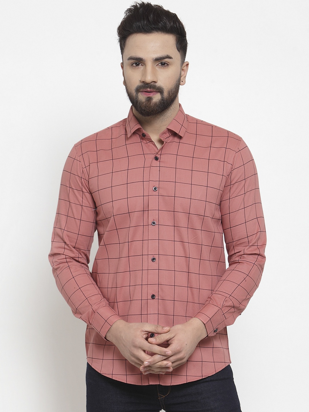 

JAINISH Men Peach-Coloured & Black Regular Fit Checked Casual Shirt
