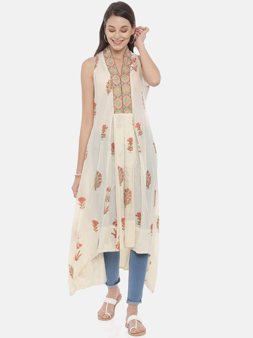 

Neerus Women Cream-Coloured & Yellow Printed A-Line Kurta