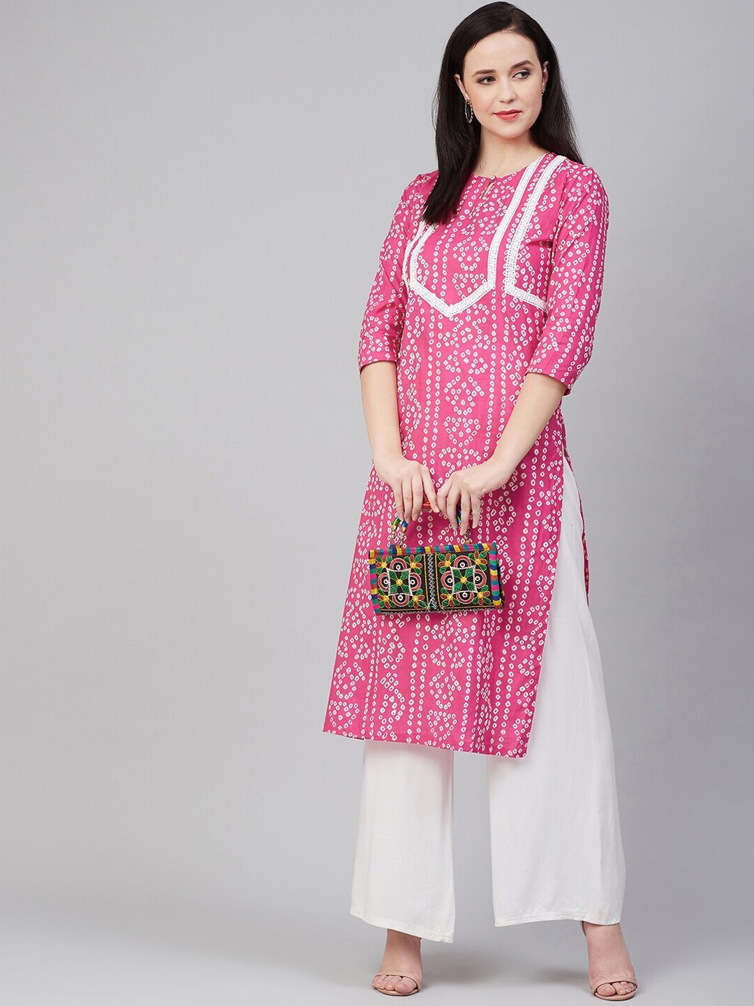 

Bhama Couture Women Pink & White Bandhani Printed Kurta With Lace Detail & Palazzo