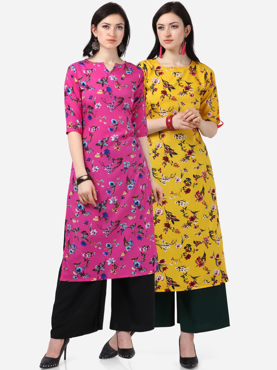 

Florence Women Pink & Yellow Set of 2 Floral Printed Straight Kurta