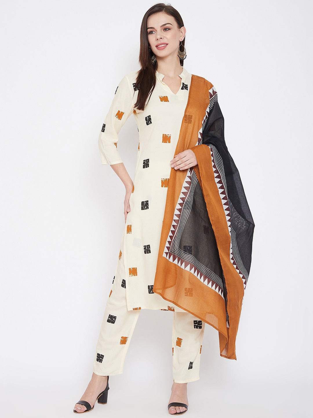 

Prakhya Women Off-White & Black Printed Kurta with Trousers & Dupatta