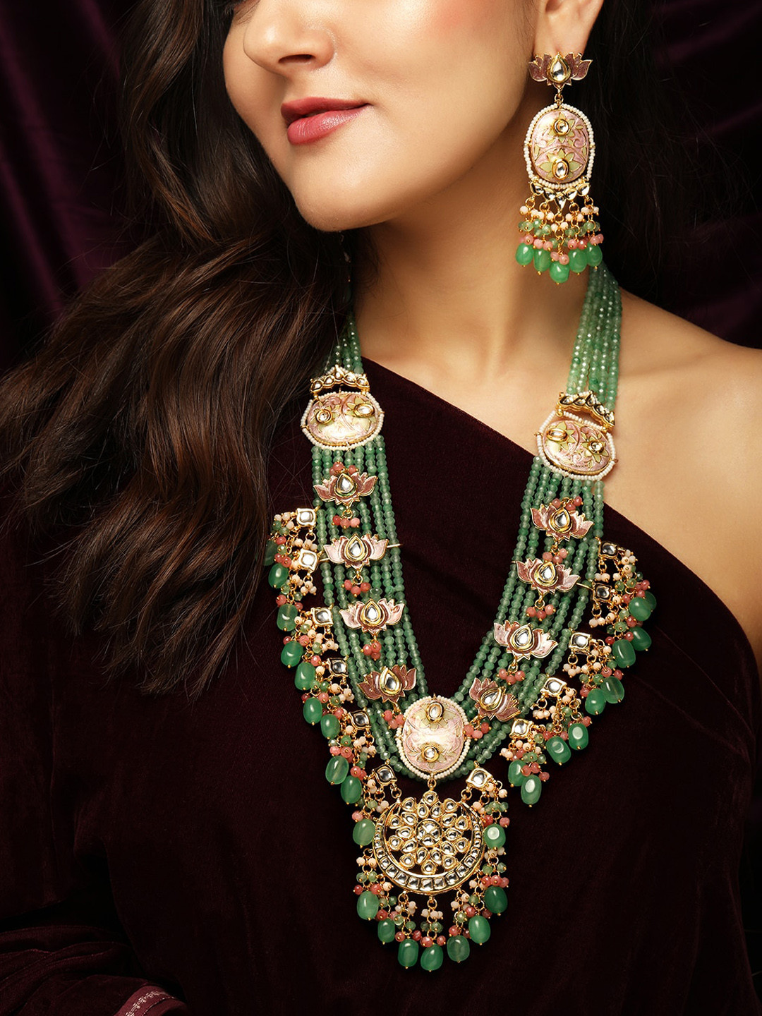 

Rubans 24K Gold-Plated Green & Pink Pachi Kundan Studded Emerald Beaded Multri-Stranded Handcrafted Jewellery Set