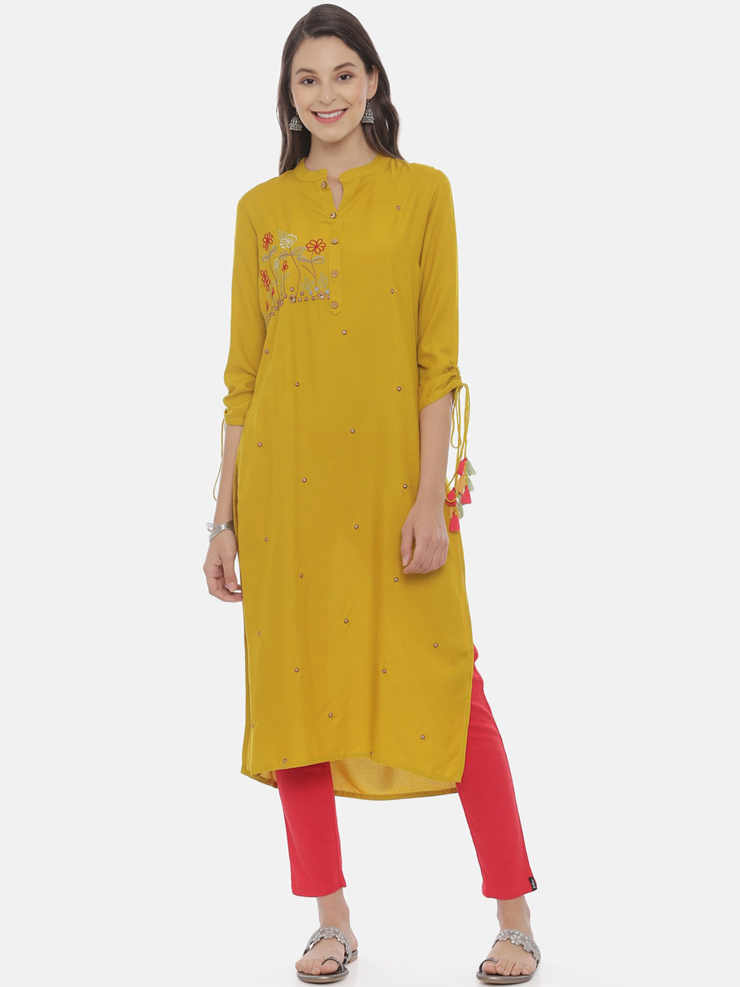 

Neerus Women Mustard Yellow Embroidered Straight Kurta