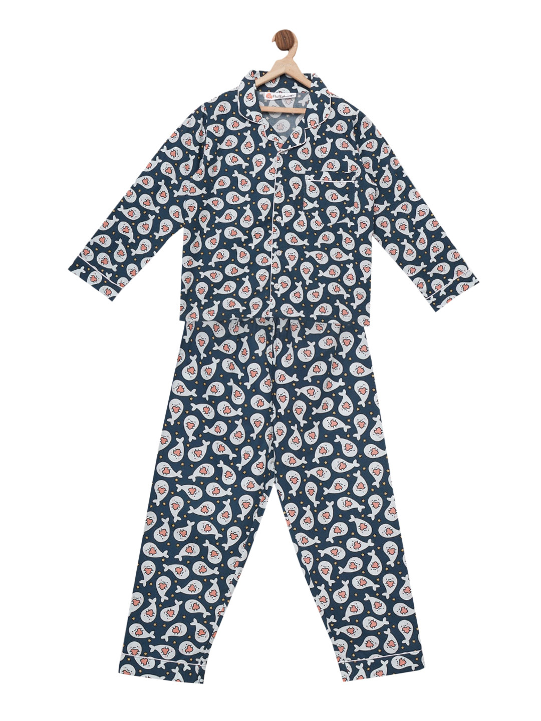 

Fluffalump Kids Navy Blue & White Seal Printed Night Suit