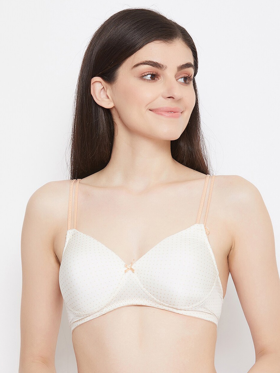 

Clovia White & Peach-Coloured Printed Underwired Lightly Padded T-shirt Bra BR1067V2436E