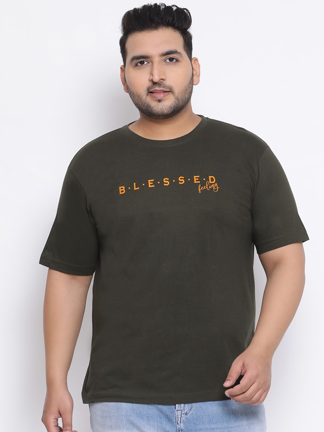 YOLOCLAN Plus Size Men Olive Green Printed Round Neck Cotton T-shirt
