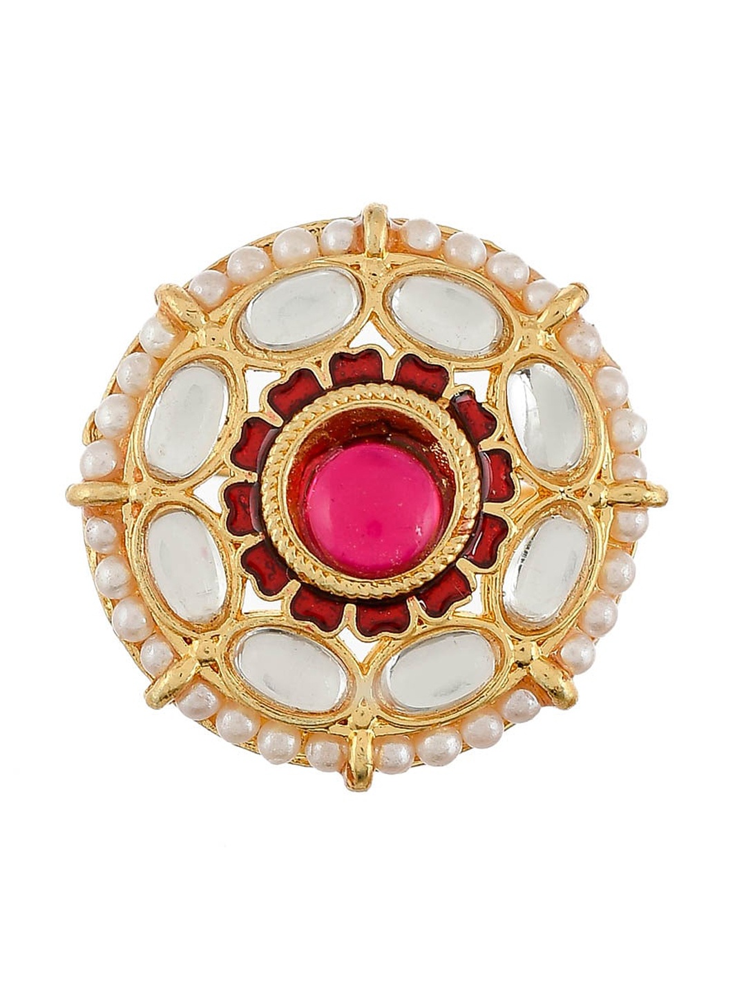 

Silvermerc Designs Gold-Plated White & Red Kundan-Studded Pearl Handcrafted Finger Ring