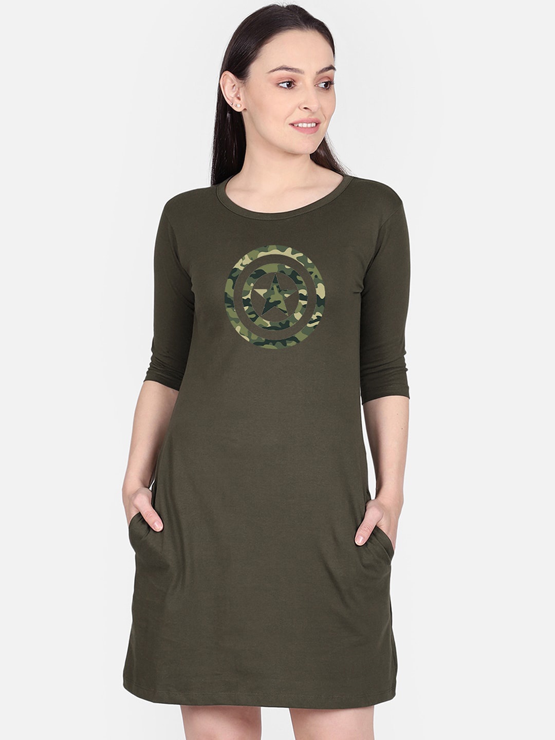 

Free Authority Women Olive Green Captain America Printed T-shirt Dress