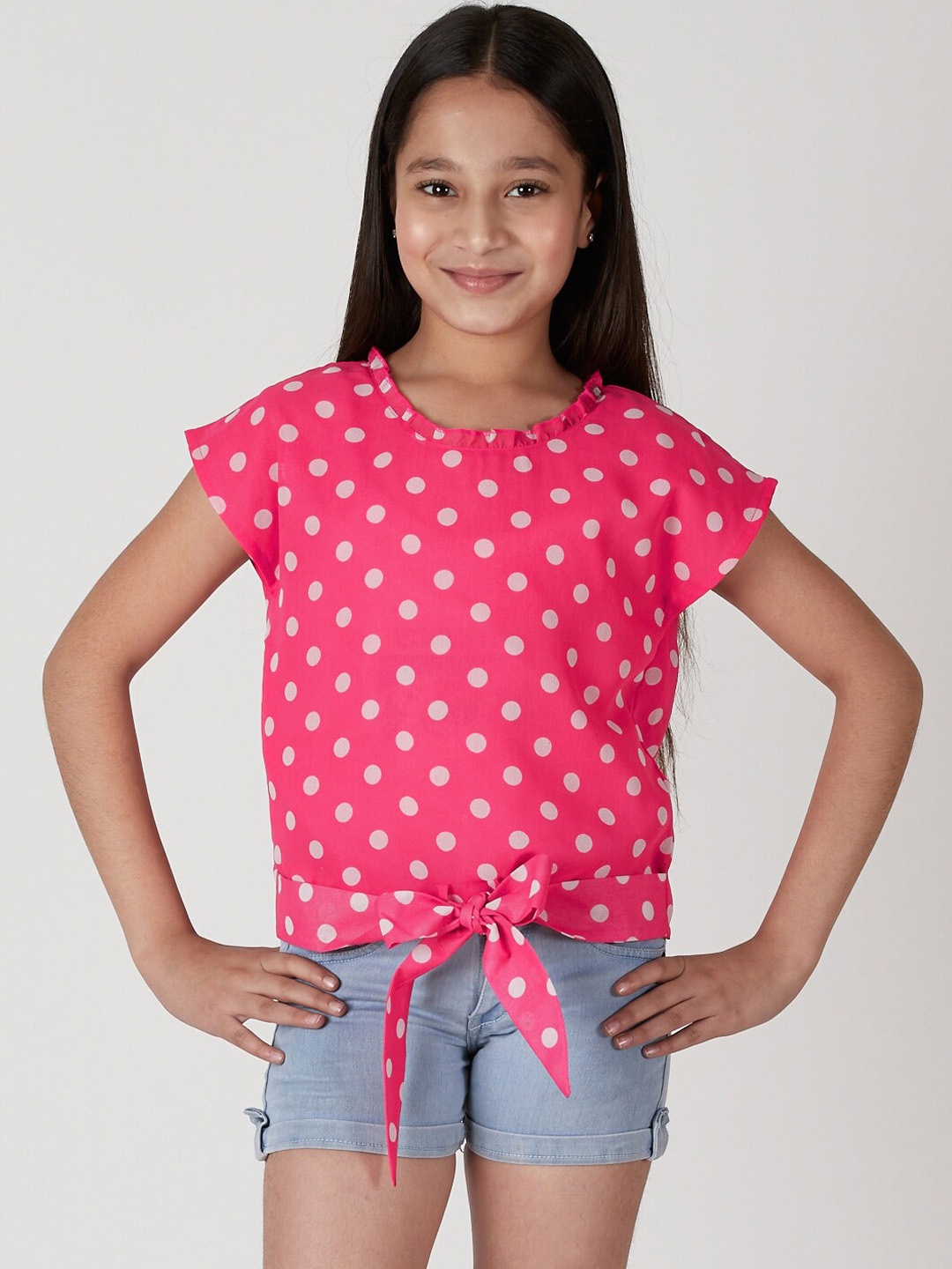 CACA CINA Girls Pink Printed Polka Dotted Top