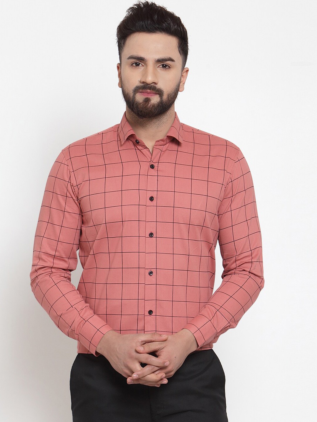 

JAINISH Men Peach-Coloured & Black Regular Fit Checked Formal Cotton Shirt