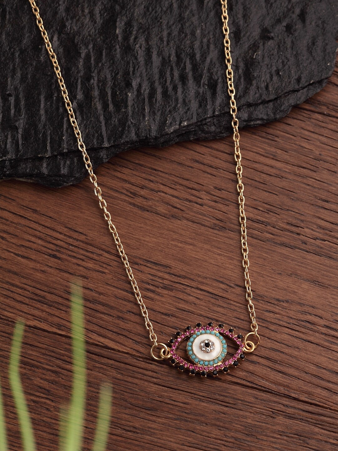 

Ferosh Gold-Toned & Pink Stone-Studded Evil Eye Pendant with Chain