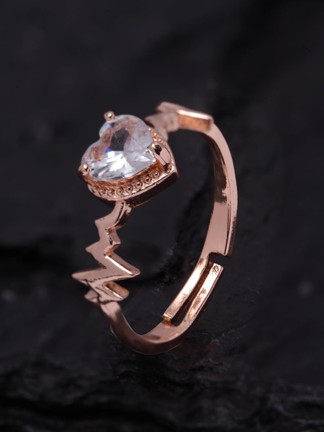 

Ferosh Rose Gold-Toned & White Rhinestone-Studded Heartbeat Adjustable Finger Ring