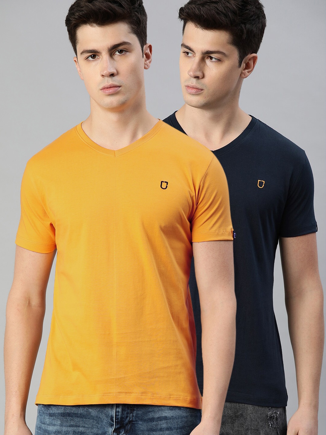 

Urbano Fashion Men Mustard Yellow & Navy Blue Set of 2 Solid V-Neck T-shirt