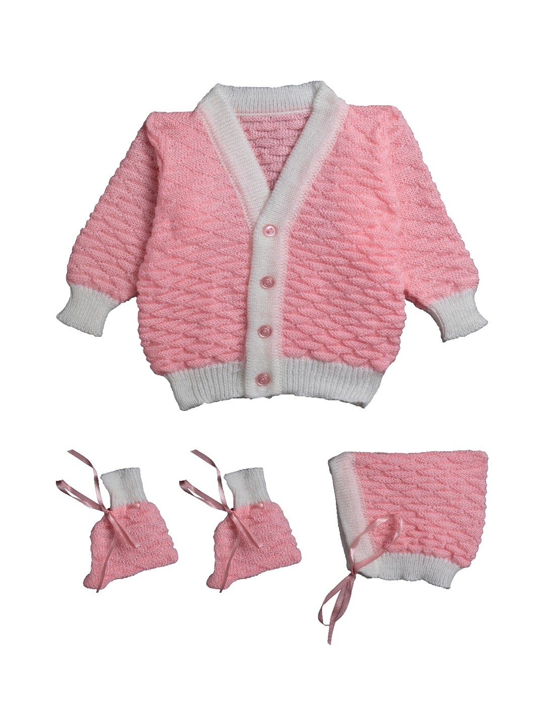 

Little Angels Unisex Kids Pink Self Design Cardigan Sweater Set