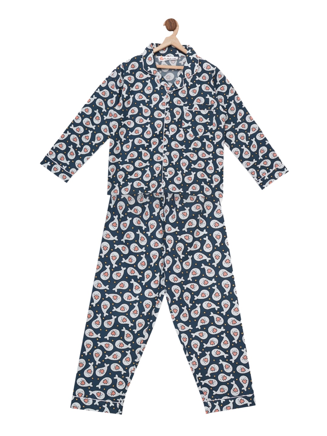 

Fluffalump Unisex Kids Navy Blue & White Printed Night Suit