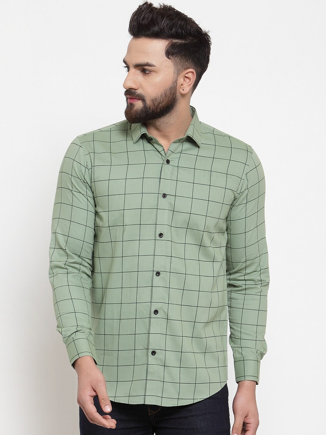

JAINISH Men Sea Green & Black Regular Fit Checked Casual Shirt