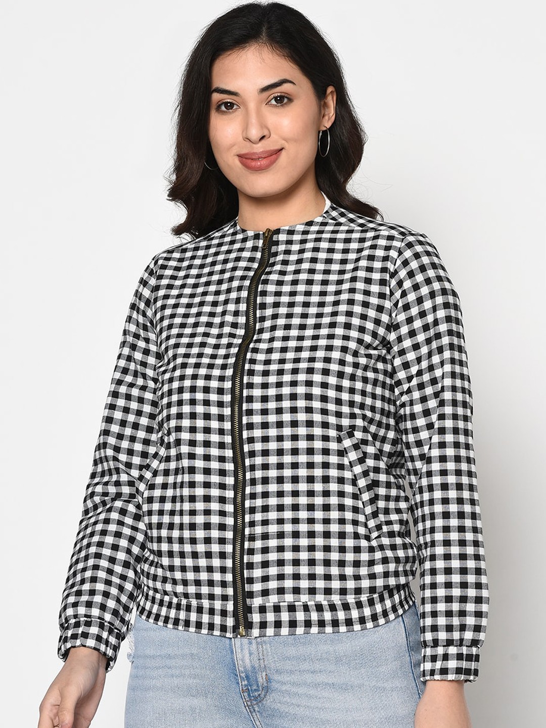 

FABNEST Women Black Checked Lightweight Bomber Jacket