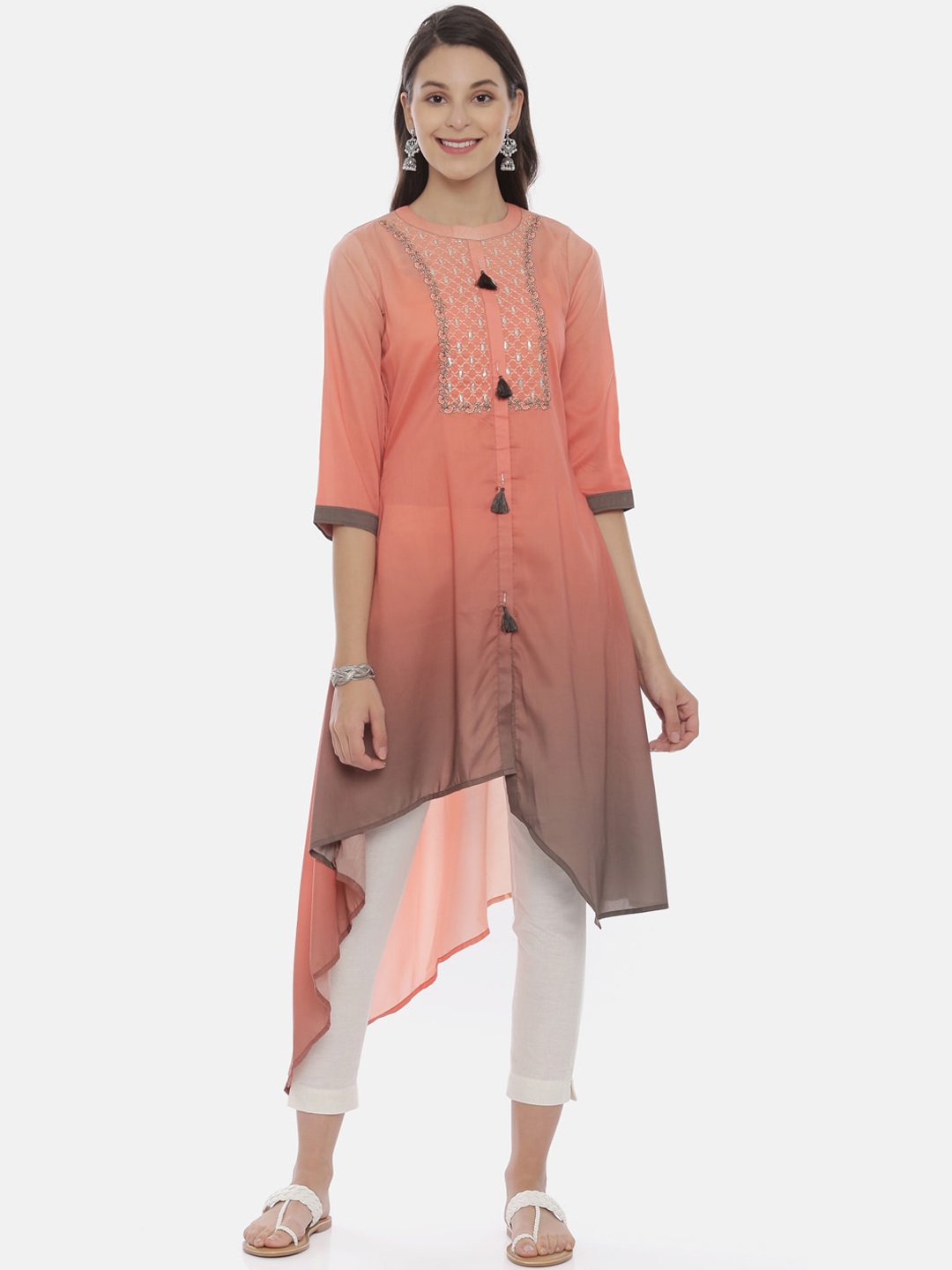 

Neerus Women Coral Pink & Grey Yoke Design A-Line Kurta