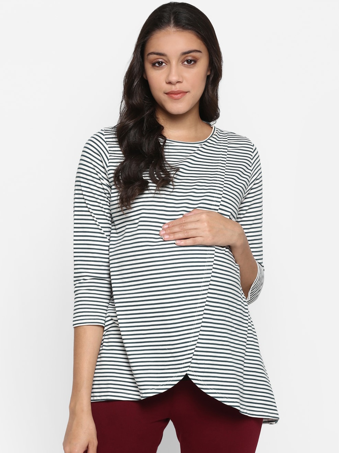 

Momsoon Maternity Women White & Teal Green Striped Wrap Top